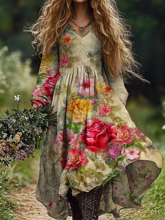Retro Boho Floral Botany Print Vintage Chic V-Neck Cotton Long Sleeve Midi Dress