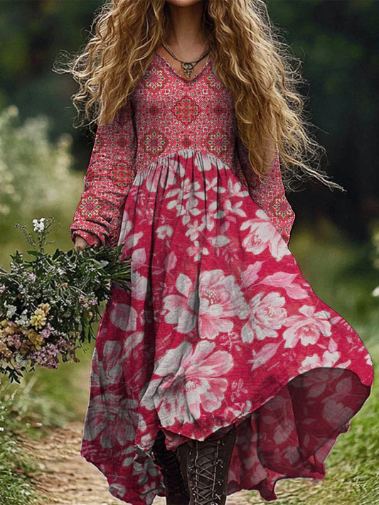 Retro Boho Floral Botany Print Vintage Chic V-Neck Cotton Long Sleeve Midi Dress
