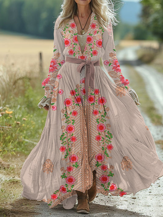 Retro Boho Floral Art Print Vintage Chic Waist Strap V-Neck Cotton Long Sleeve Midi Dress
