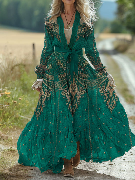 Retro Boho Floral Art Print Vintage Chic Waist Strap V-Neck Cotton Long Sleeve Midi Dress