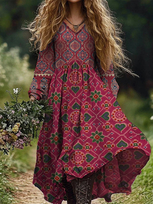 Retro Boho Floral Botany Print Vintage Chic V-Neck Cotton Long Sleeve Midi Dress