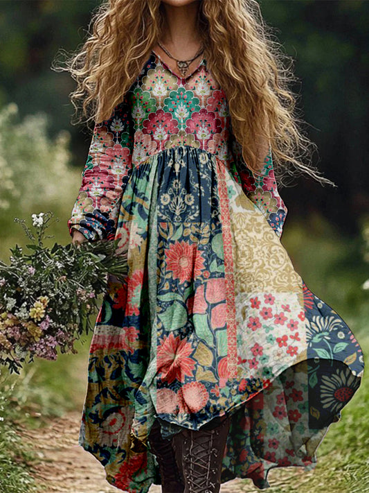 Retro Boho Floral Botany Print Vintage Chic V-Neck Cotton Long Sleeve Midi Dress