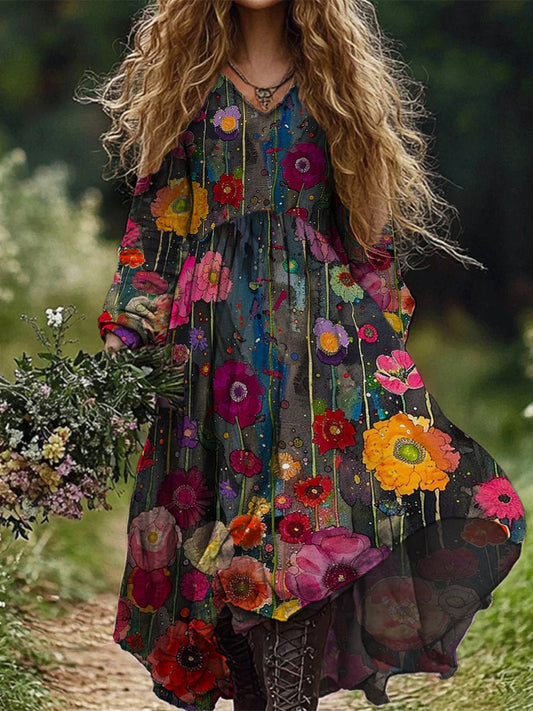 Retro Boho Floral Botany Print Vintage Chic V-Neck Cotton Long Sleeve Midi Dress