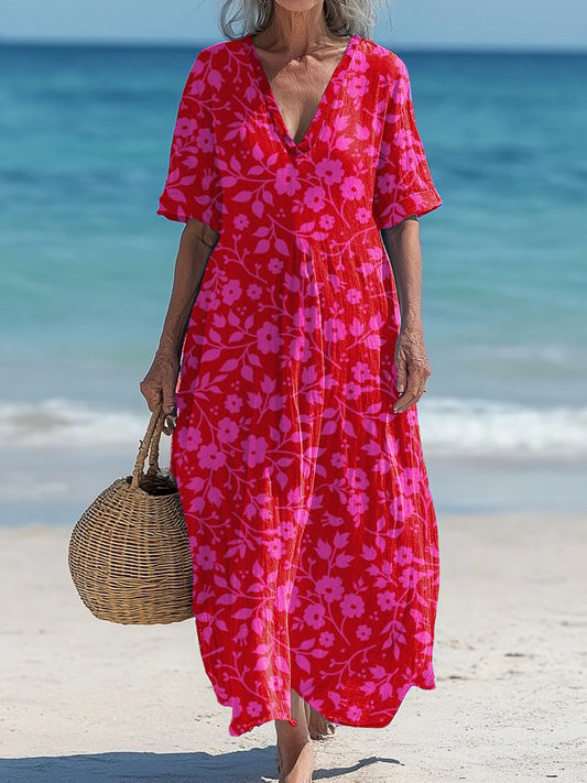Vintage V-Neck Floral Art Print Elegant And Chic Loose Midi Dress