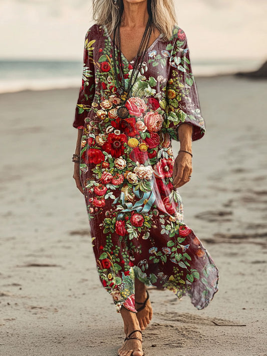 Vintage V-neck Bohemian Floral Print Elegant Chic Loose Midi Dress