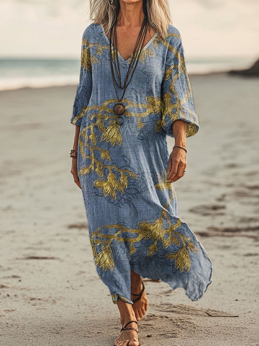 Vintage V-neck Bohemian Floral Print Elegant Chic Loose Midi Dress