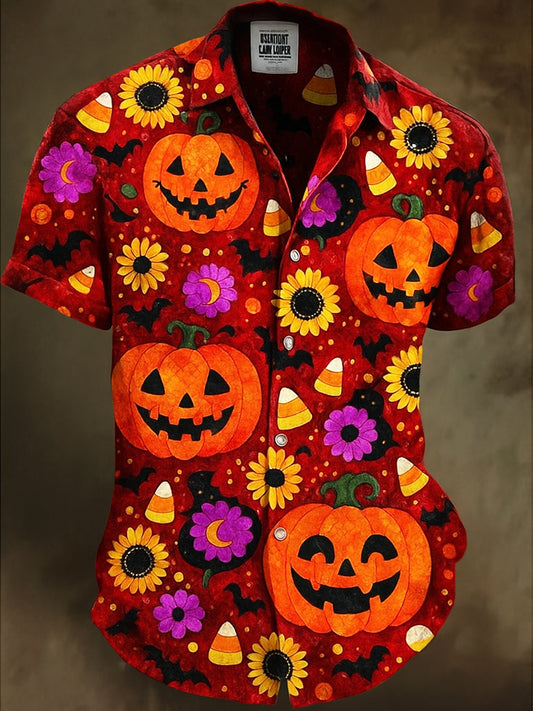 Retro Halloween Gothic Art Abstract Printed Cotton Vintage Casual 100% Cotton Short Sleeve Shirt