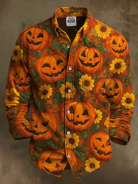 Retro Halloween Gothic Art Abstract Printed Cotton Vintage Casual 100% Cotton Long Sleeve Shirt
