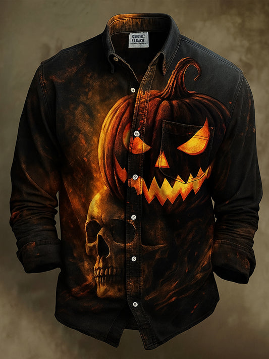 Retro Halloween Gothic Art Abstract Printed Cotton Vintage Casual 100% Cotton Long Sleeve Shirt