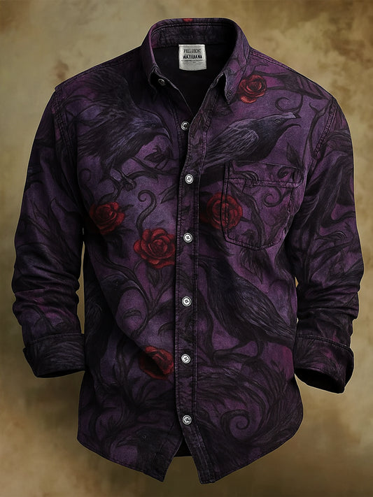 Retro Halloween Gothic Art Abstract Printed Cotton Vintage Casual 100% Cotton Long Sleeve Shirt