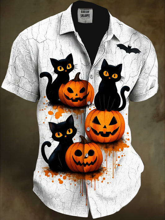 Retro Halloween Gothic Art Abstract Printed Cotton Vintage Casual 100% Cotton Short Sleeve Shirt