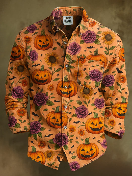 Retro Halloween Gothic Art Abstract Printed Cotton Vintage Casual 100% Cotton Long Sleeve Shirt