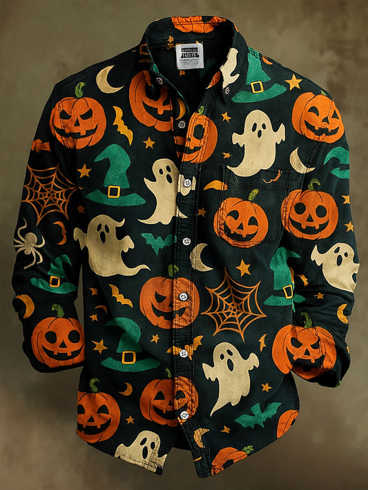 Retro Halloween Gothic Art Abstract Printed Cotton Vintage Casual 100% Cotton Long Sleeve Shirt