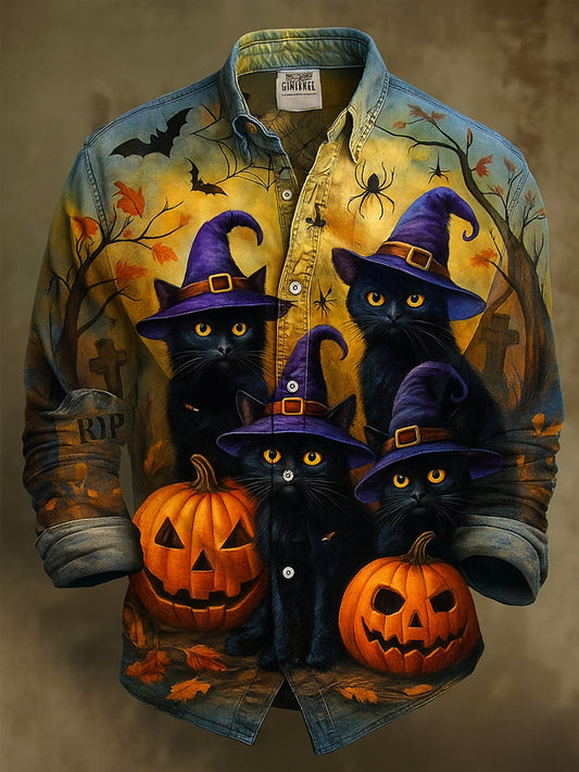 Retro Halloween Gothic Art Abstract Printed Cotton Vintage Casual 100% Cotton Long Sleeve Shirt