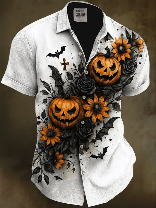 Retro Halloween Gothic Art Abstract Printed Cotton Vintage Casual 100% Cotton Short Sleeve Shirt