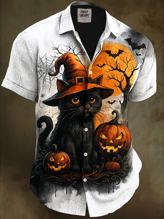 Retro Halloween Gothic Art Abstract Printed Cotton Vintage Casual 100% Cotton Short Sleeve Shirt