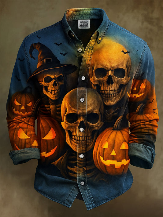 Retro Halloween Gothic Art Abstract Printed Cotton Vintage Casual 100% Cotton Long Sleeve Shirt