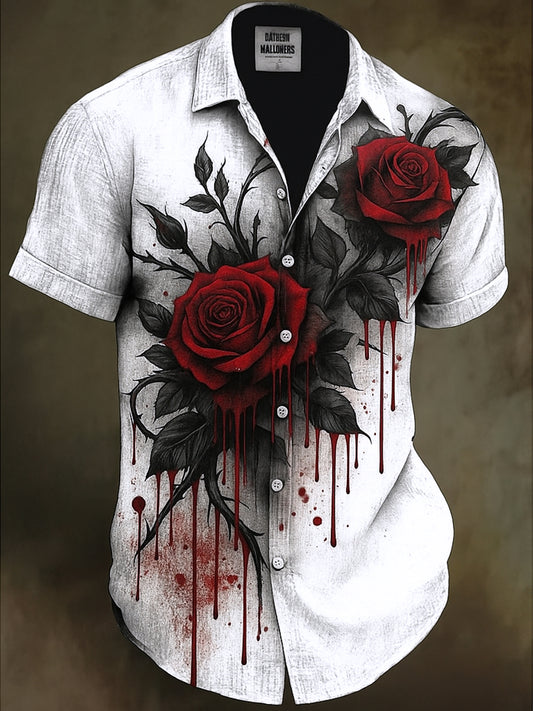 Retro Halloween Gothic Art Abstract Printed Cotton Vintage Casual 100% Cotton Short Sleeve Shirt
