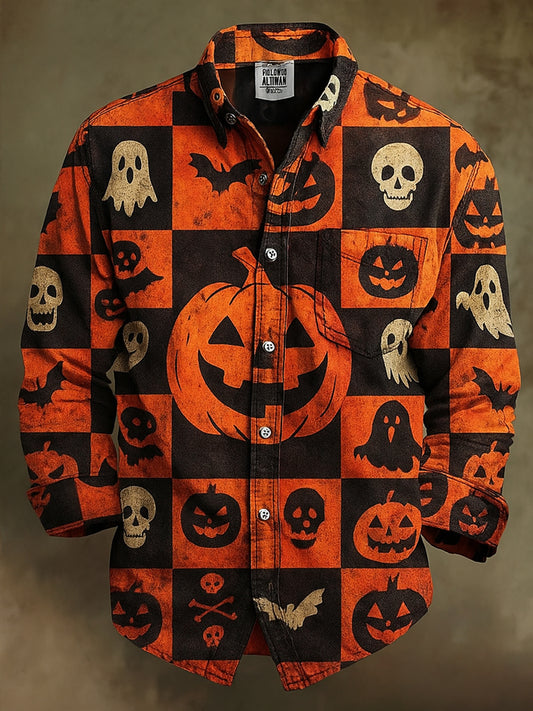 Retro Halloween Gothic Art Abstract Printed Cotton Vintage Casual 100% Cotton Long Sleeve Shirt