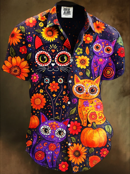 Retro Halloween Gothic Art Abstract Printed Cotton Vintage Casual 100% Cotton Short Sleeve Shirt