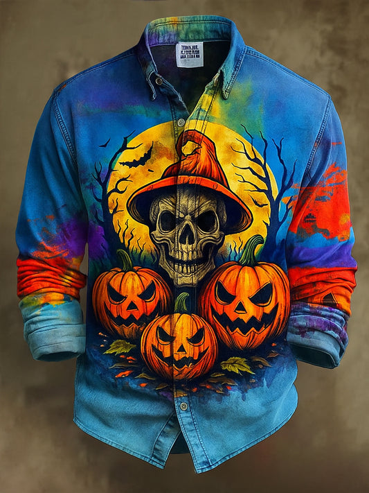 Retro Halloween Gothic Art Abstract Printed Cotton Vintage Casual 100% Cotton Long Sleeve Shirt