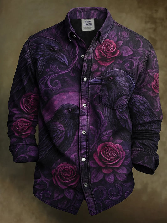Retro Halloween Gothic Art Abstract Printed Cotton Vintage Casual 100% Cotton Long Sleeve Shirt