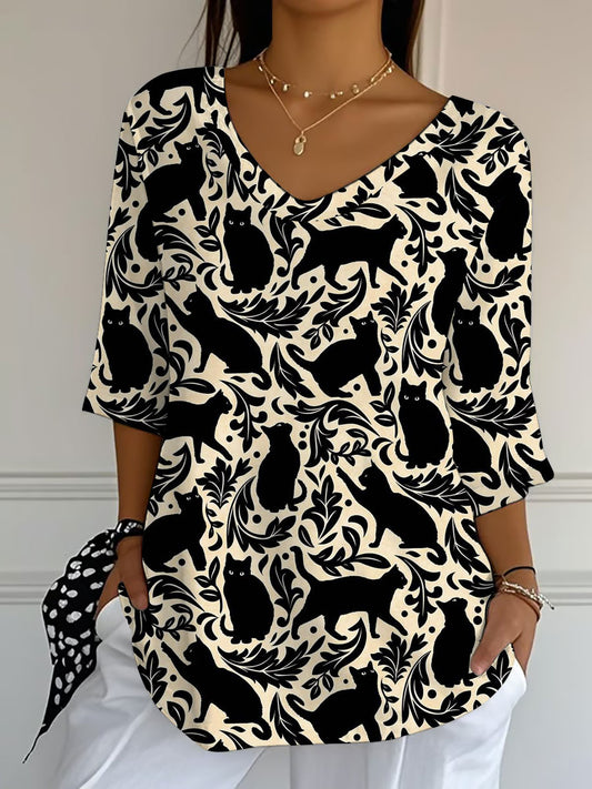 Women's Black Cat Print Casual T-shirt