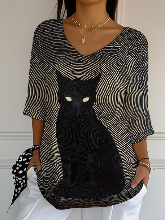 Women's Black Cat Print Casual T-shirt