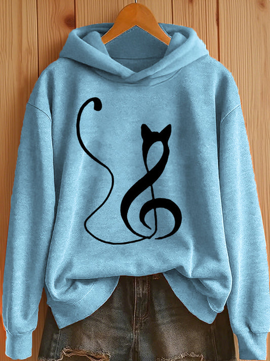 Women's Music Note Inspired Cat Print Hoodie