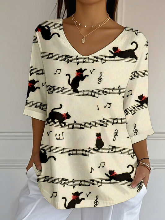 Women's Music Note & Cats Print Top