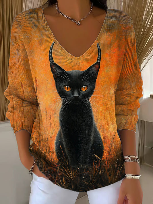 Women's Halloween Black Cat Print Casual Long-Sleeve Top
