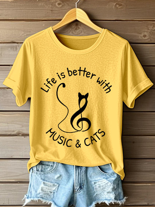 Women's Life Is Better With Music & Cats Print T-Shirt