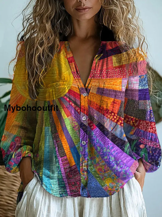 Women’s Vintagehippie Art Print V-Neck Casual Cotton And Linen Shirt Top A / S
