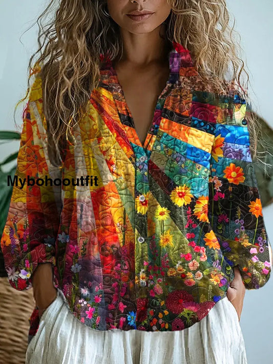 Women’s Vintage Floral Art Print V-Neck Casual Cotton And Linen Shirt Top A / S