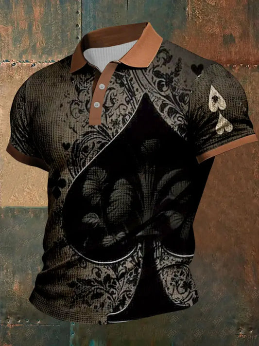 Texas Hold’em Poker Ace Printed Waffle Texture Athletic V-Neck Short Sleeves Polo Shirt A / S