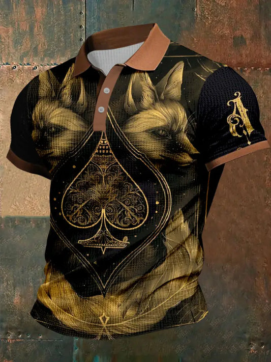 Texas Hold’em Poker Ace Printed Waffle Texture Athletic V-Neck Short Sleeves Polo Shirt A / S