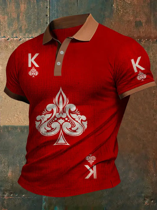 Texas Hold’em Poker Ace Printed Waffle Texture Athletic V-Neck Short Sleeves Polo Shirt A / S