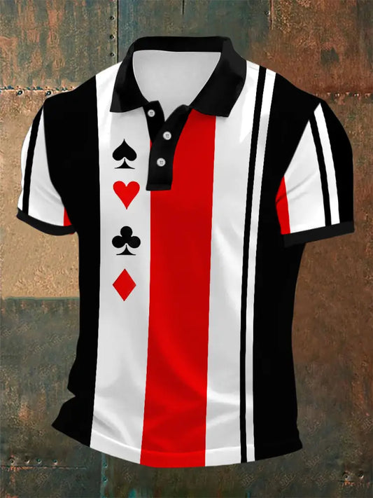 Texas Hold’em Poker Art Printed Athletic Retro Style V-Neck Short Sleeves Polo-Shirt A / S