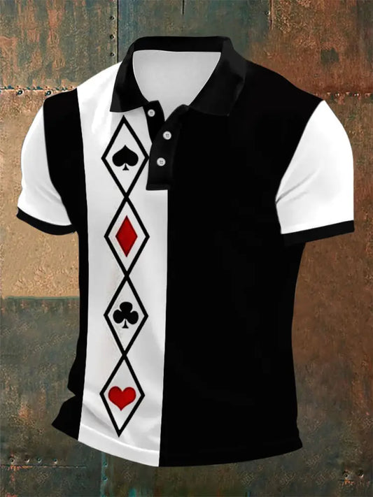 Texas Hold’em Poker Art Printed Athletic Retro Style V-Neck Short Sleeves Polo-Shirt A / S