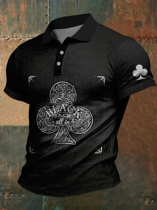 Texas Hold’em Poker Black Clubs Printed Waffle Texture Athletic V-Neck Short Sleeves Polo Shirt A / S