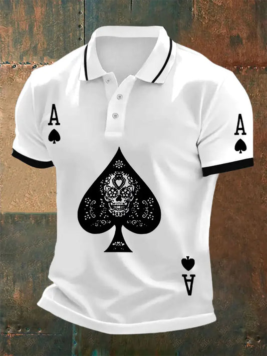 Texas Hold’em Poker Black Spades Printed Athletic Retro Style V-Neck Short Sleeves Polo-Shirt A / S
