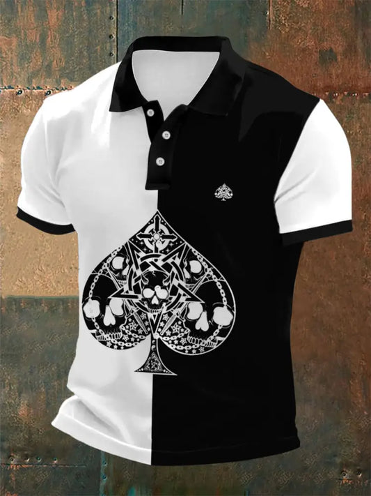 Texas Hold’em Poker Black Spades Printed Athletic Retro Style V-Neck Short Sleeves Polo-Shirt A / S