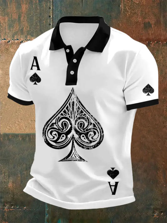 Texas Hold’em Poker Black Spades Printed Athletic Retro Style V-Neck Short Sleeves Polo-Shirt A / S