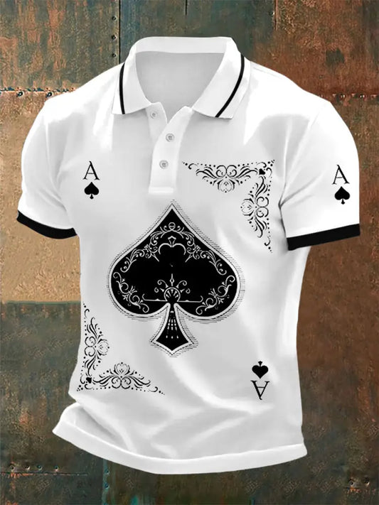Texas Hold’em Poker Black Spades Printed Athletic Retro Style V-Neck Short Sleeves Polo-Shirt A / S