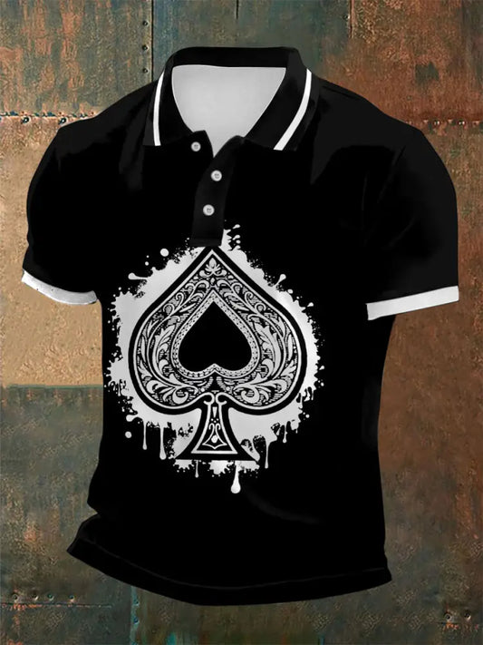 Texas Hold’em Poker Black Spades Printed Athletic Retro Style V-Neck Short Sleeves Polo-Shirt A / S