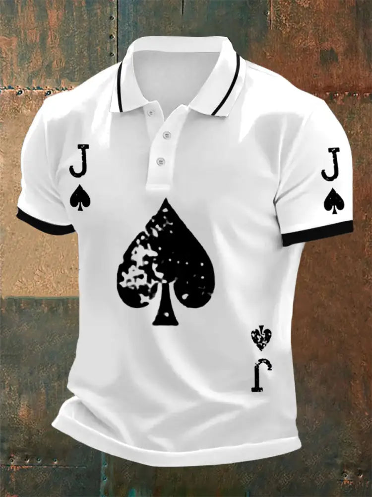 Texas Hold’em Poker Black Spades Printed Athletic Retro Style V-Neck Short Sleeves Polo-Shirt A / S