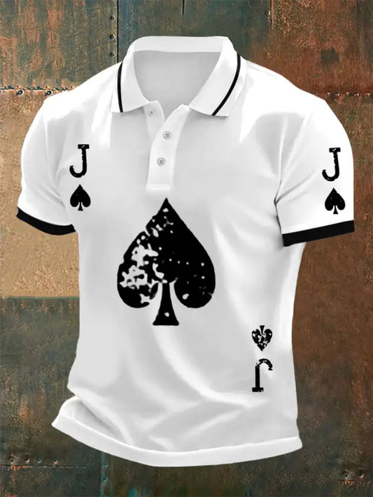 Texas Hold’em Poker Black Spades Printed Athletic Retro Style V-Neck Short Sleeves Polo-Shirt A / S