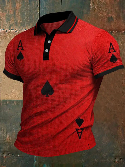 Texas Hold’em Poker Black Spades Printed Waffle Texture Athletic V-Neck Short Sleeves Polo Shirt A / S