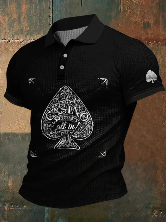 Texas Hold’em Poker Black Spades Printed Waffle Texture Athletic V-Neck Short Sleeves Polo Shirt A / S