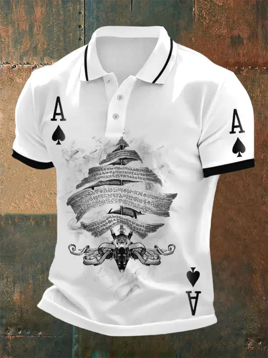 Texas Hold’Em Poker Graphic Printed Athletic Retro Style V-Neck Short Sleeves Polo-Shirt A / S